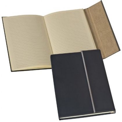 Rubberized A5 notebook with a metal stripe.
