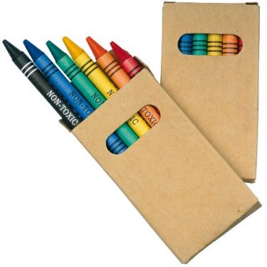 Crayons in cardboard box