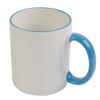 White ceramic mug with colored elements 