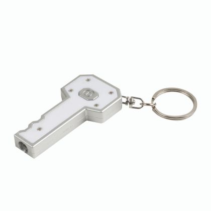 Keychain with plastic key-shaped hanger and push button light