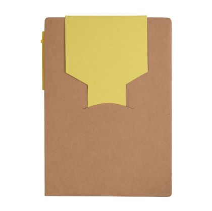 Recycled-paper notepad with cardboard pen and sticky notes