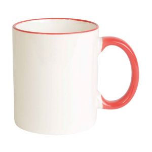 White ceramic mug with colored elements 