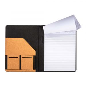 Cork A4 congress folder and organizer with elastic, with 20-sheet striped block and internal pen holder slot