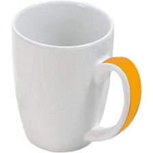 White ceramic mug with coloured handle